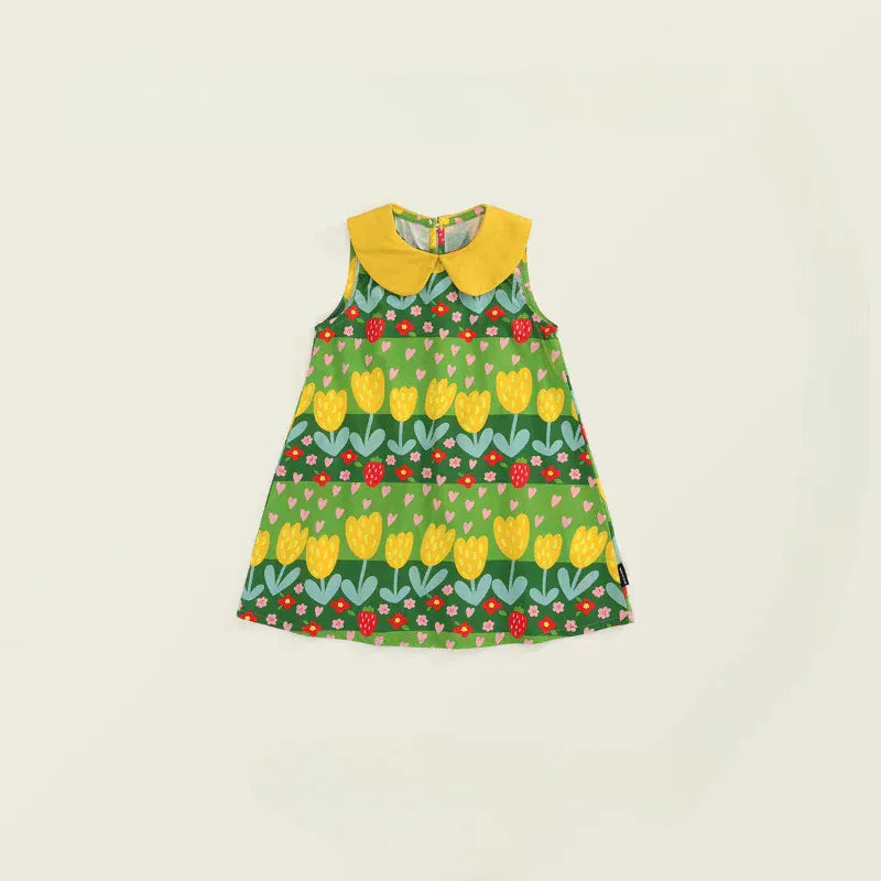 ノースリーブワンピース Green / 100cm / 取り寄せ（7〜21日） キッズワンピース ノースリーブ丸襟 レトロフラワープリント グリーン