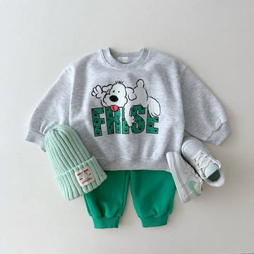 長袖セットアップ green / 12M  80cm キッズセットアップ 2点セット スウェットシャツ+スウェットパンツ 犬ドッグプリント 2カラー
