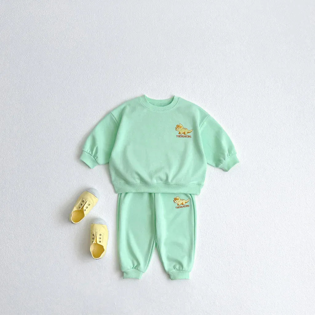 長袖セットアップ green / 12M  80cm キッズセットアップ 2点セット スウェットシャツ+スウェットパンツ 恐竜ダイナソーワンポイント 3カラー