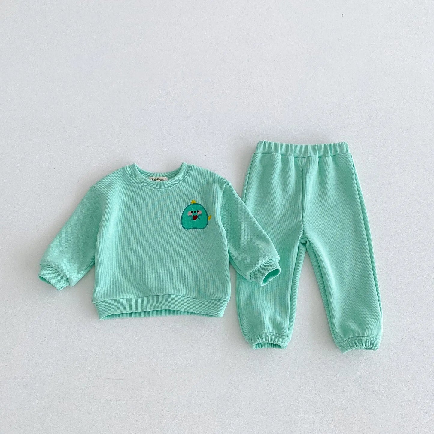 長袖セットアップ green / 12M  80CM キッズセットアップ 2点セット スウェットトレーナー+スウェットパンツ アニマル刺繍 4カラー