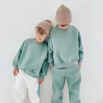 長袖セットアップ Green / 12M  80CM キッズセットアップ 2点セット 無地シンプルベーシック裏フリース長袖スウェットトレーナー+スウェットロングパンツ【mh0008094】