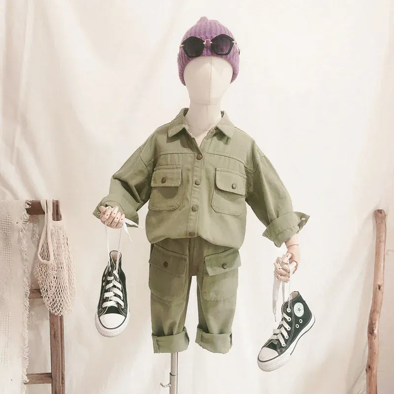 長袖セットアップ Green / 12M  80CM キッズセットアップ 2点セット 長袖サファリシャツ+ロングカーゴパンツ【mh0008572】