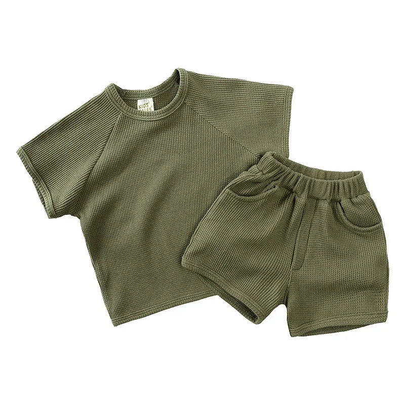 半袖セットアップ green / 12M 80cm キッズセットアップ 2点セット ワッフル 半袖Tシャツ+ショートパンツ シンプルベーシック 3カラー