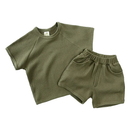 半袖セットアップ green / 12M 80cm キッズセットアップ 2点セット ワッフル 半袖Tシャツ+ショートパンツ シンプルベーシック 3カラー