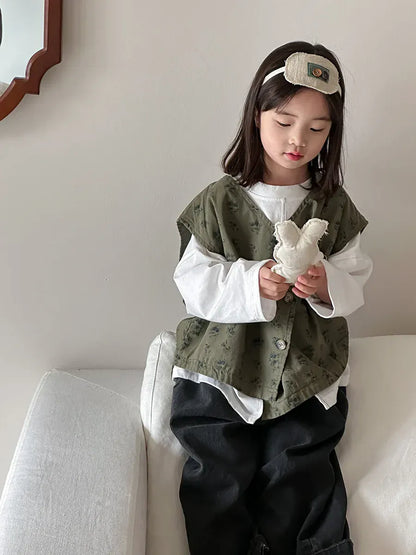 ベスト Green / 18M  (80cm) キッズベスト フラワープリントアシメボタンベスト【mh0008891】