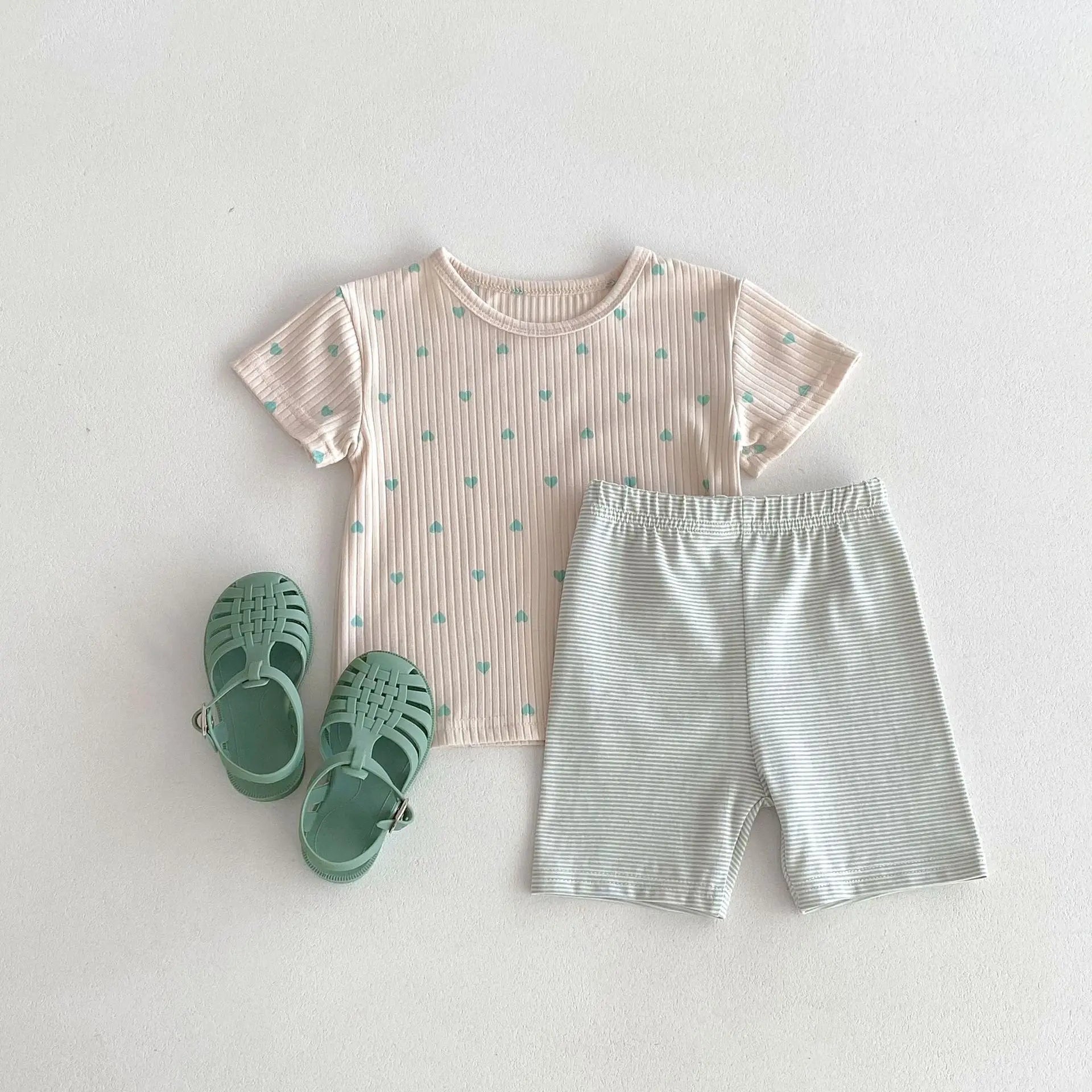 半袖パジャマ green 2pc set / 80cm 9-12m キッズパジャマセット 半袖ハートプリントTシャツ+ボーダーショートパンツ ルームウェア 3カラー
