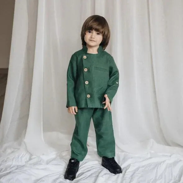 長袖セットアップ green / 2T  90cm キッズセットアップ 2点セット 変わりボタンジャケット+ロングパンツ レトロスーツ 4カラー