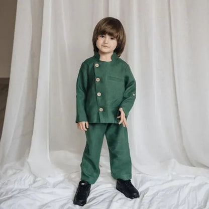 長袖セットアップ green / 2T  90cm キッズセットアップ 2点セット 変わりボタンジャケット+ロングパンツ レトロスーツ 4カラー
