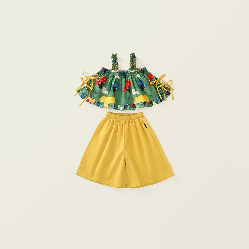 ノースリーブセットアップ Green / 2T 90cm キッズセットアップ 2点セット キャミソールチュニックブラウス+ワイドルーズガウチョパンツ メルヘンプリント【mh0006167】