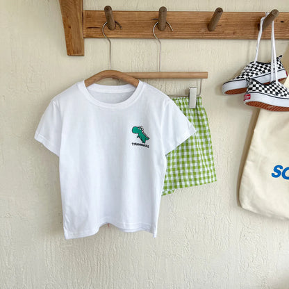 半袖セットアップ Green / 2T  90cm キッズセットアップ 2点セット 半袖Tシャツ+チェックショートパンツ ダイナソー恐竜プリント 4カラー【mh0005509】