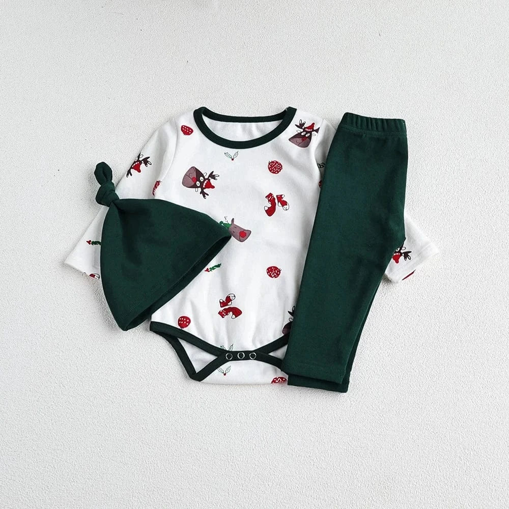 ロンパースセットアップ Green / 3-6M 66cm ベビーセットアップ 2点セット クリスマスプリント長袖ロンパース+ロングパンツ+ニットキャップ 2カラー【mh0007692】