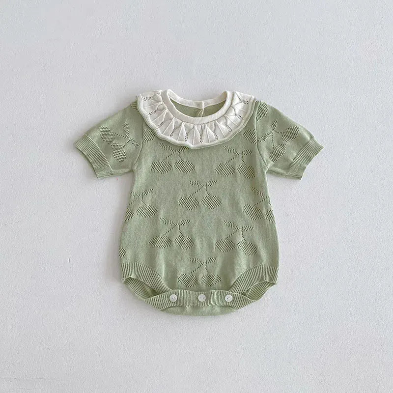 半袖ロンパース Green / 3-6M 66cm ベビーロンパース ニット 半袖ボディスーツ フリル襟 チェリー 2カラー【mh0006550】