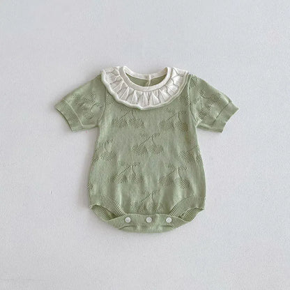 半袖ロンパース Green / 3-6M 66cm ベビーロンパース ニット 半袖ボディスーツ フリル襟 チェリー 2カラー【mh0006550】