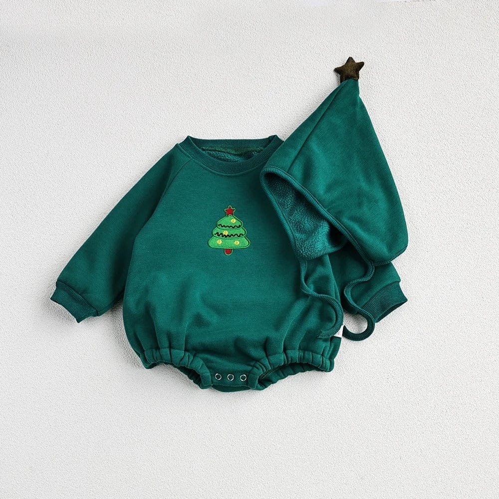 長袖ロンパース green / 3-6M 66cm ベビー セットアップ クリスマス 長袖 ロンパース とんがり 帽子 刺繍 トナカイ サンタ クリスマスツリー【mh0001109】