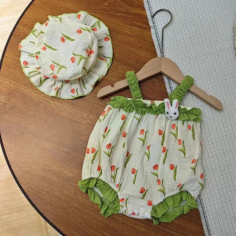 ノースリーブロンパース Green / 3-6M 66cm ベビーロンパース 帽子セット キャミソールボディスーツ チューリッププリント フリルチューリップハット グリーン【mh0005767】