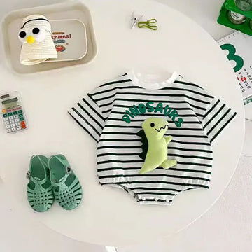 半袖ロンパース Green / 3-6M 66cm ベビーロンパース 半袖ボディスーツ ボーダー 恐竜アップリケ【mh0006266】
