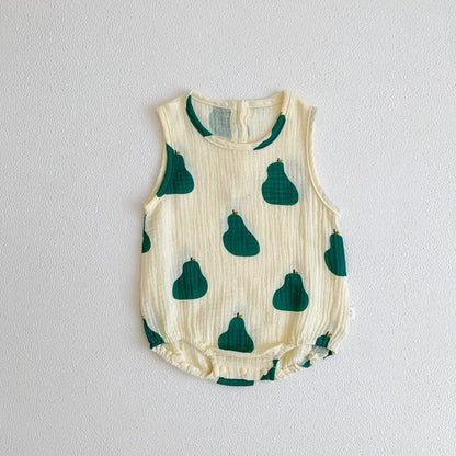 ノースリーブロンパース Green / 3M 66cm ベビーロンパース ノースリーブボディスーツ 月ムーン/洋梨/オリーブ/水玉ドットプリント【mh0005689】