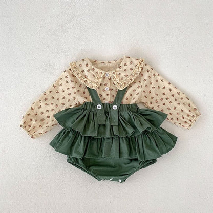 長袖セットアップ green / 66cm ベビー セットアップ フラワー 花柄 長袖 ブラウス サスペンダー フリル スカート ブルマパンツ ガールズ