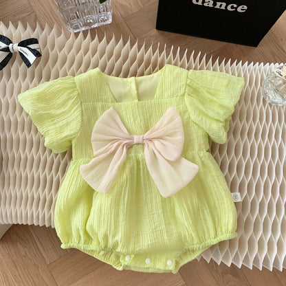 半袖ロンパース Green / 66cm 0-6m ベビーロンパース 半袖リボンボディスーツ 2カラー【mh0005061】