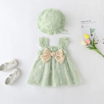 ノースリーブワンピース Green / 66cm 0-6m ベビーワンピース ノースリーブチュールスカートサマードレス バタフライ蝶 帽子セット 4カラー【mh0005277】