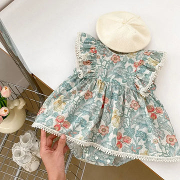 半袖ロンパース Green / 66cm 0-6m ベビーロンパース フリルスリーブスカートボディスーツ フラワー花柄プリント【mh0004871】