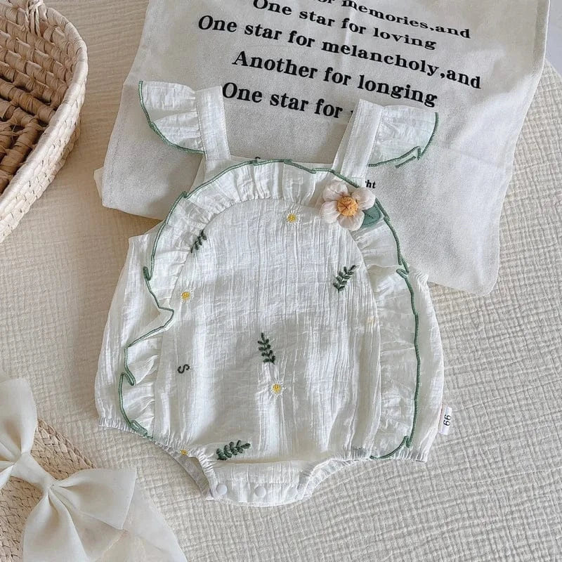 ノースリーブロンパース Green / 66cm 0-6m ベビーロンパース ショルダーフリル ノースリーブボディスーツ リーフフラワー刺繍 ホワイト【mh0005356】