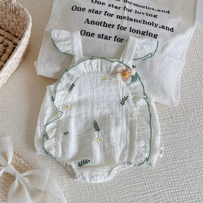 ノースリーブロンパース Green / 66cm 0-6m ベビーロンパース ショルダーフリル ノースリーブボディスーツ リーフフラワー刺繍 ホワイト【mh0005356】