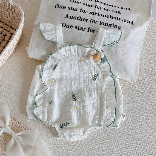 ノースリーブロンパース Green / 66cm 0-6m ベビーロンパース ショルダーフリル ノースリーブボディスーツ リーフフラワー刺繍 ホワイト【mh0005356】