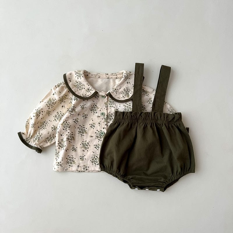 長袖セットアップ green / 66cm ベビー服 2点セット 長袖 ブラウス サスペンダーブルマ 丸襟 花柄 シャツ サロペット ブルマ セットアップ ベージュ 緑 女の子