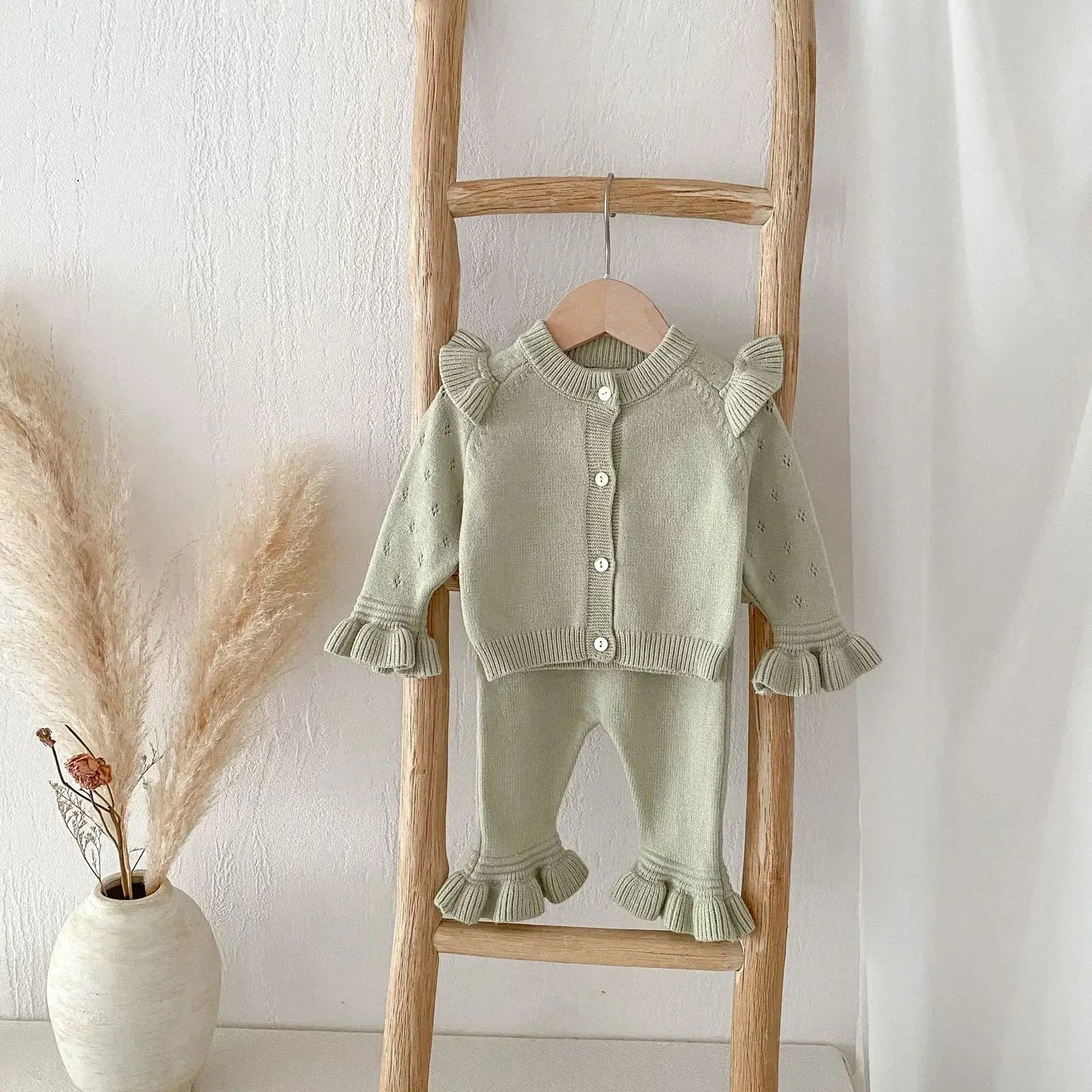 長袖セットアップ Green / 66cm ベビーセットアップ 2点セット ニットショルダーフリルカーディガン+ニット裾フリルパンツ 3カラー【mh0007303】