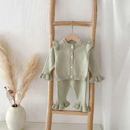 長袖セットアップ Green / 66cm ベビーセットアップ 2点セット ニットショルダーフリルカーディガン+ニット裾フリルパンツ 3カラー【mh0007303】