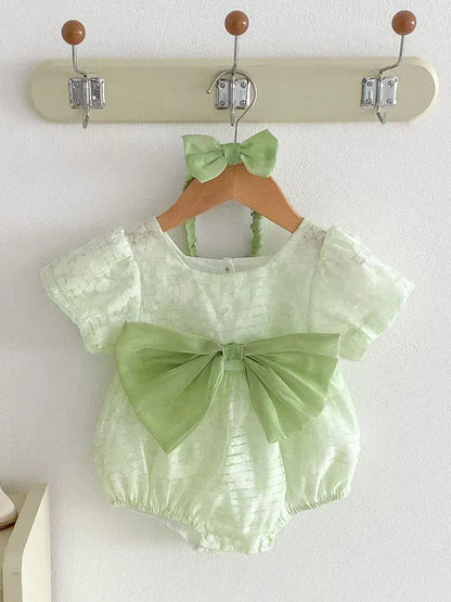 半袖ロンパース Green / 66cm ベビーロンパース 半袖パフスリーブボディスーツ リボン フラワープリント ヘアバンドセット 2カラー【mh0005422】