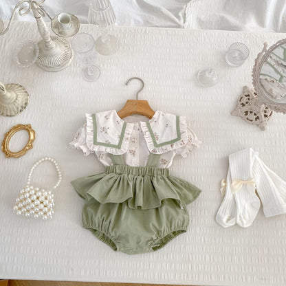 半袖セットアップ Green / 66cm ビッグ襟半袖ブラウス+サスペンダーブルマセットアップ 2点セット【mh0009713】