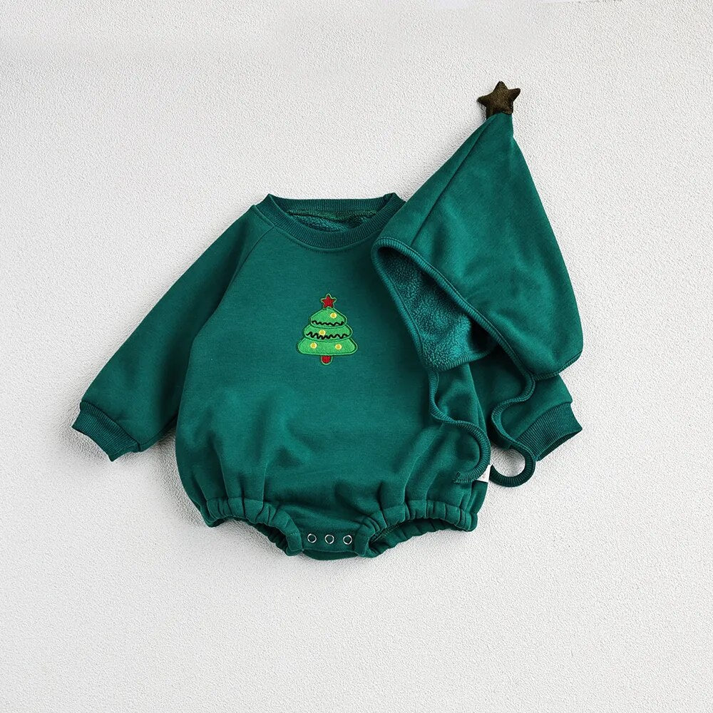 長袖ロンパース green / 66cm ベビー長袖ロンパース ボンネットセット クリスマス サンタ トナカイ クリスマスツリー コスチューム  帽子つき 3カラー ユニセックス 男の子 女の子 子供服