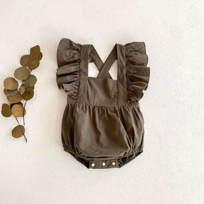 半袖ロンパース Green / 66cm ベビーロンパース バタフライスリーブ フリルサスペンダーロンパース エプロンボディスーツ 5カラー【mh0004480】