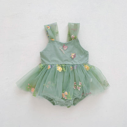 ノースリーブロンパース Green / 66cm フラワー刺繍チュールスカートキャミソールロンパース【mh0010312】
