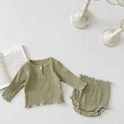 長袖セットアップ green / 6M  66cm ベビーセットアップ 2点セット 長袖フリルTシャツ+ブルマパンツ 2カラー