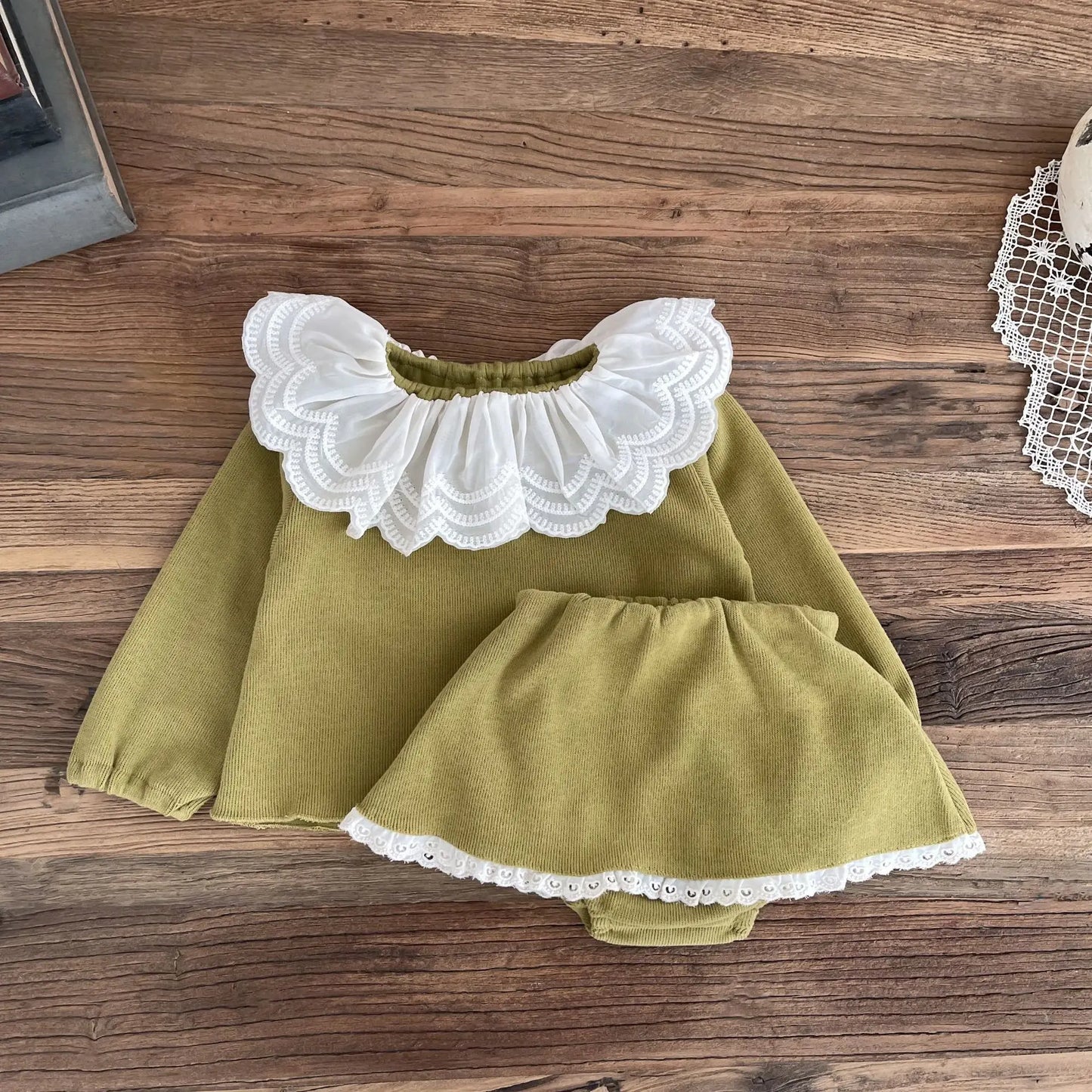 長袖セットアップ Green / 6M  66CM ベビーセットアップ 2点セット ロータス襟長袖Tシャツブラウス+ブルマパンツインスカート 2カラー【mh0006715】