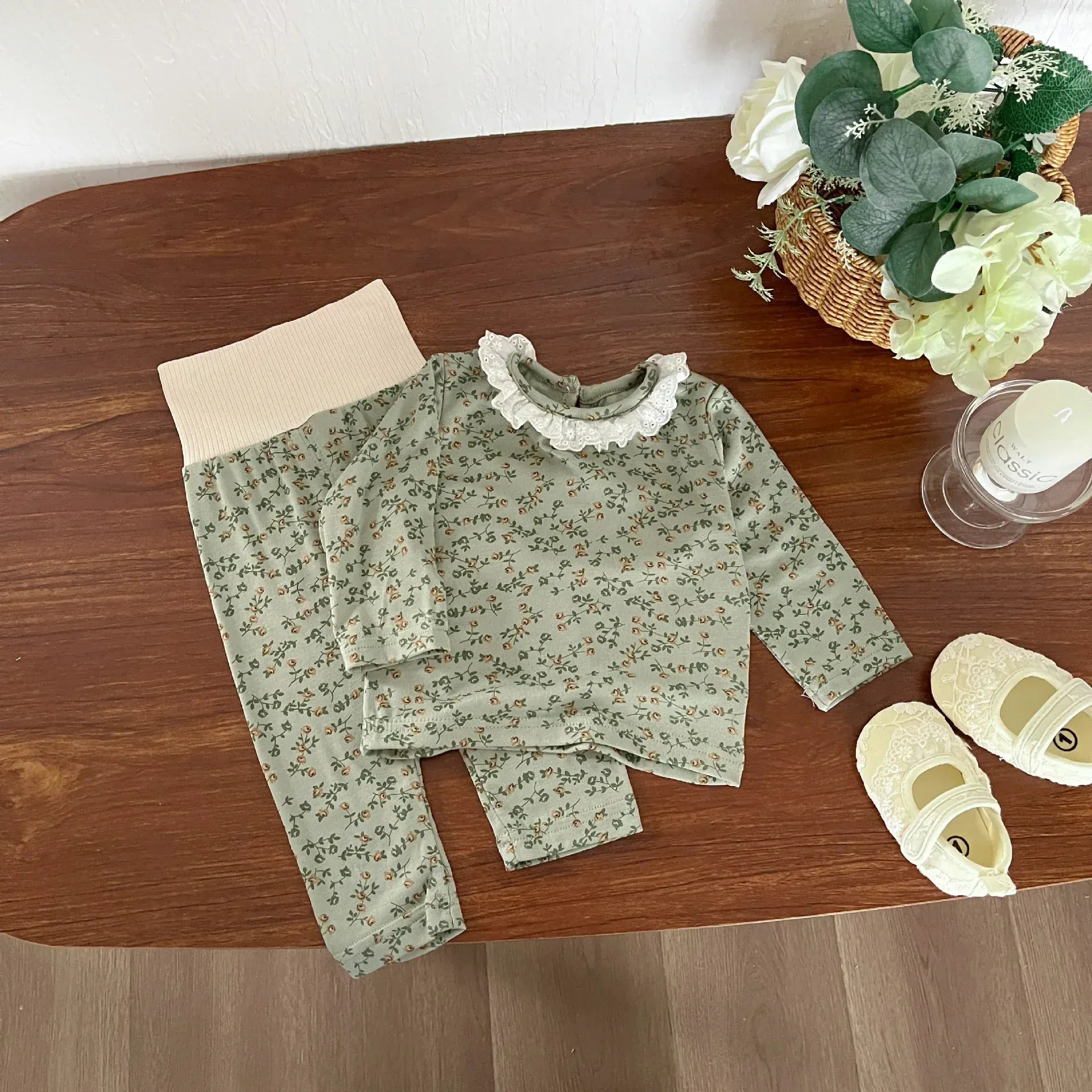 長袖パジャマ Green / 6M  66CM ベビーセットアップ 2点セット 長袖パジャマセット フラワープリント長袖Tシャツ+ハイウェストパンツ【mh0008616】