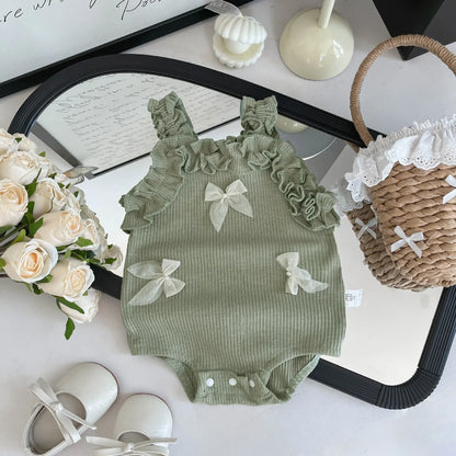 ノースリーブロンパース Green / 6M  66CM ベビーロンパース ノースリーブボディスーツ フリル リボン 4カラー【mh0006210】