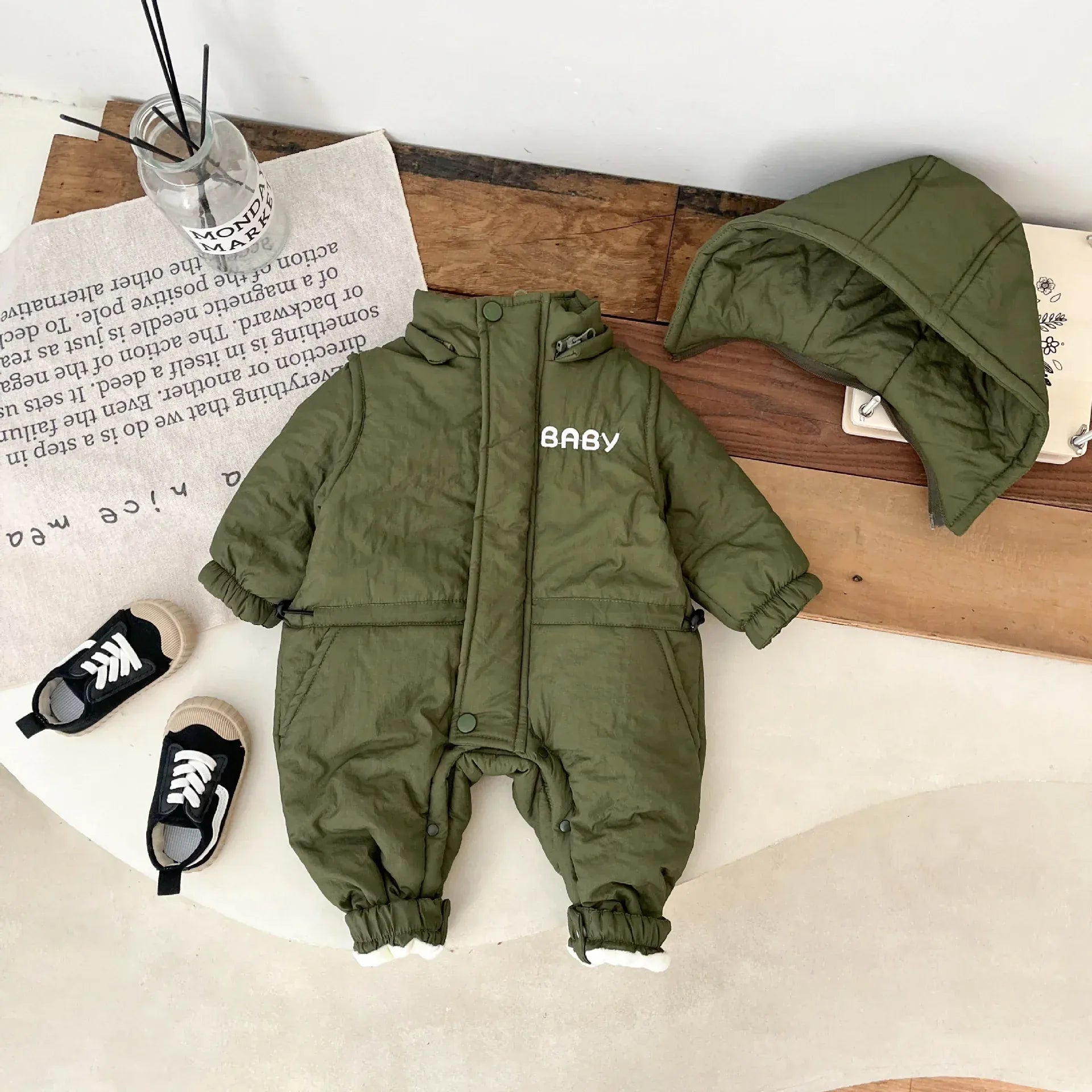アウタージャンプスーツ Green / 6M  66CM ベビーアウタージャンプスーツ ロゴプリントフーディ防寒長袖ロンパース【mh0008382】