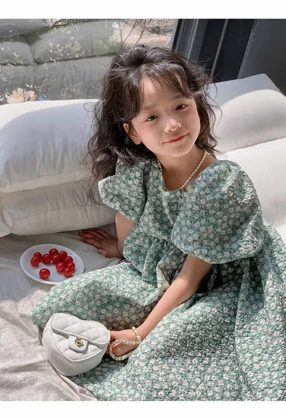 半袖ワンピース Green / 7 (95-100cm) キッズワンピース 半袖バブルスリーブサマードレス ボリューム袖 フラワー花柄プリント 2カラー【mh0005225】