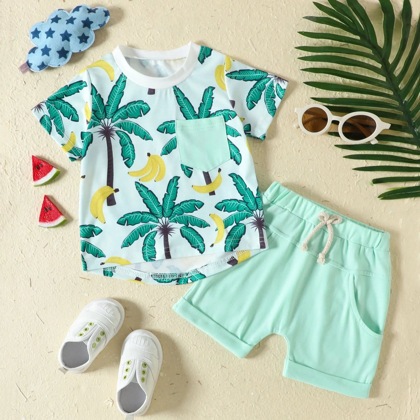 半袖セットアップ green / 70 for0-6M キッズセットアップ 2点セット 半袖Tシャツ+ショートパンツ リゾートスタイル ヤシの木プリント ブルー/グリーン/2カラー