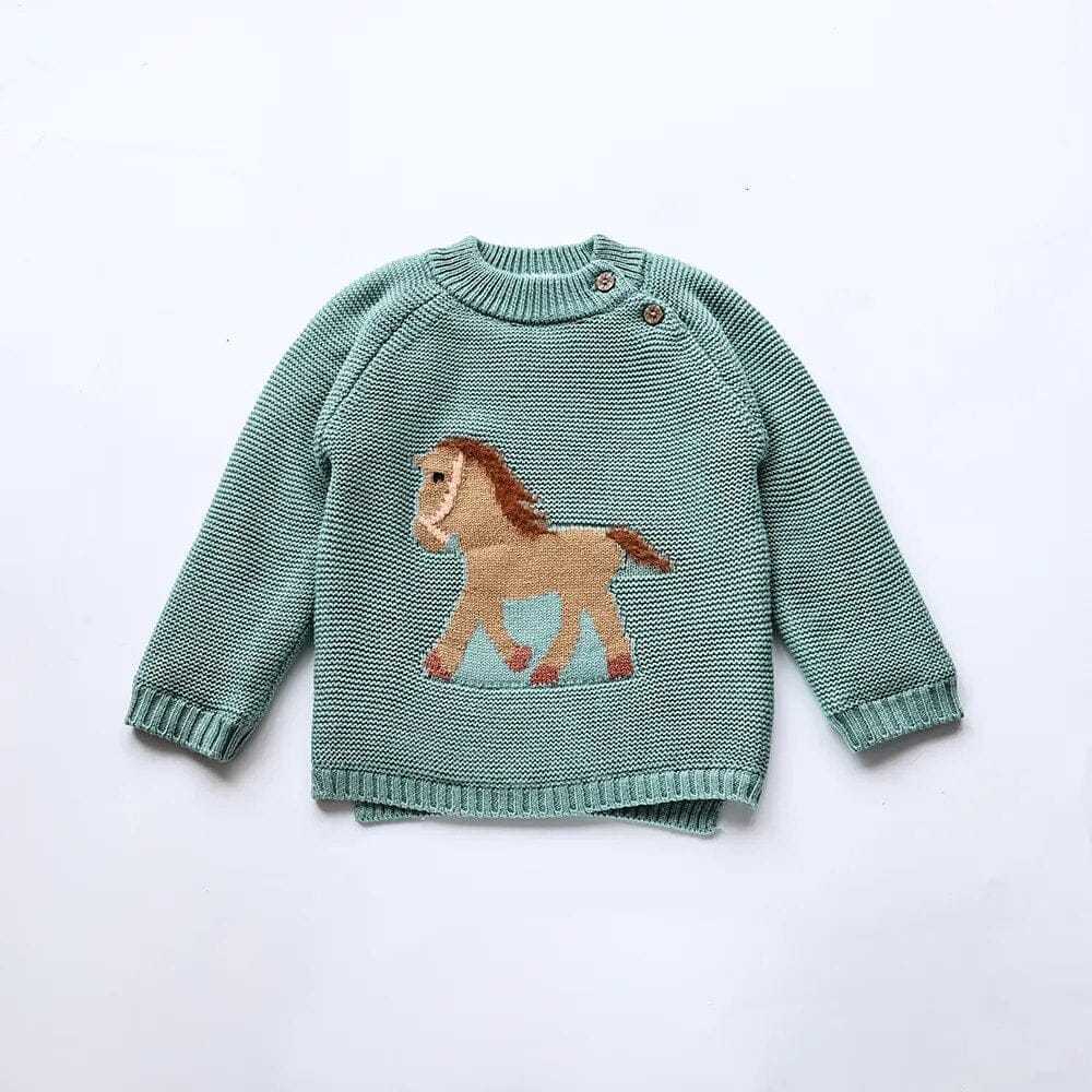ニット・セーター green / 70cm / 取り寄せ（3〜14日） ☺︎ キッズセーター ニット 裏フリース 馬 ホース ベージュ グリーン ピンク 3カラー ユニセックス 男の子 女の子 子供服