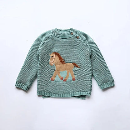 キッズセーター ニット 裏フリース、グリーン地に茶色の馬モチーフ刺繍