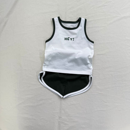 ノースリーブセットアップ Green / 73cm ロゴワンポイントタンクトップ+ショートパンツスポーツセットアップ 2点セット【mh0010013】