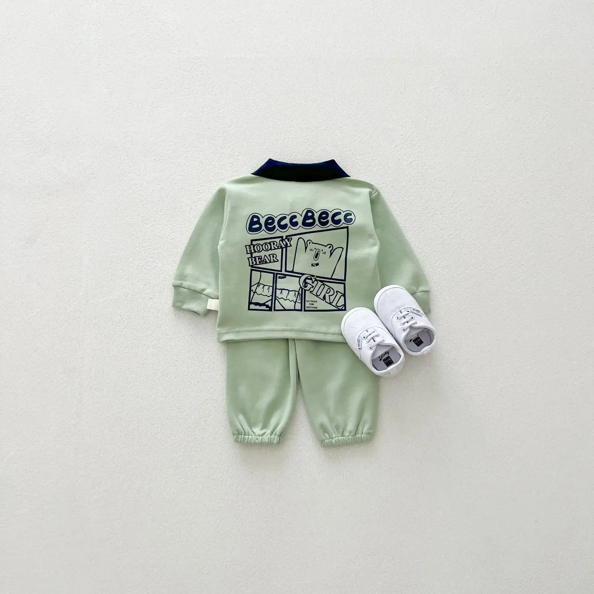 長袖セットアップ Green / 73cm 6-9M ベビーキッズセットアップ 2点セット バックプリント長袖ポロシャツ+ロングパンツ 2カラーベビーキッズセットアップ 2点セット バックプリント長袖ポロシャツ+ロングパンツ 2カラー【mh0007225】