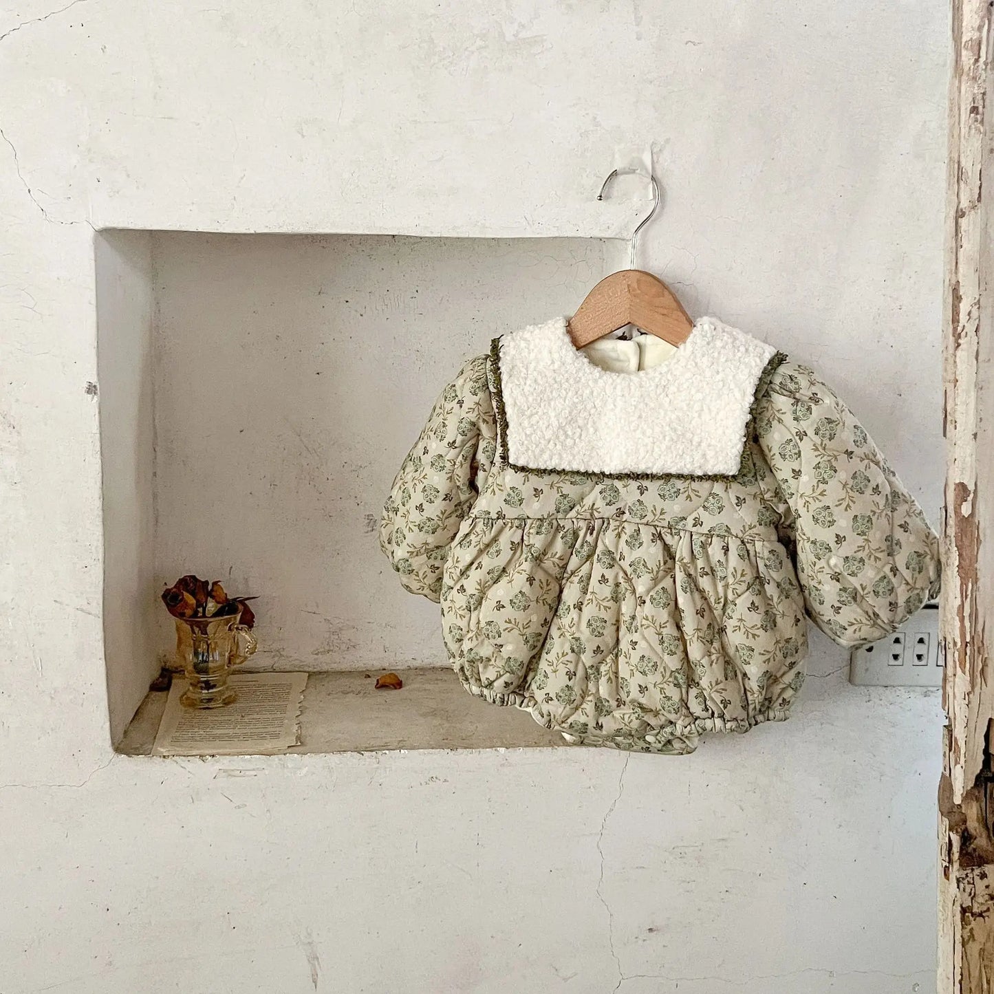 長袖ロンパース Green / 73cm 6-9M ベビーロンパース フラワープリントボアフリースセーラーカラーキルティング厚手長袖ボディスーツ【mh0007626】