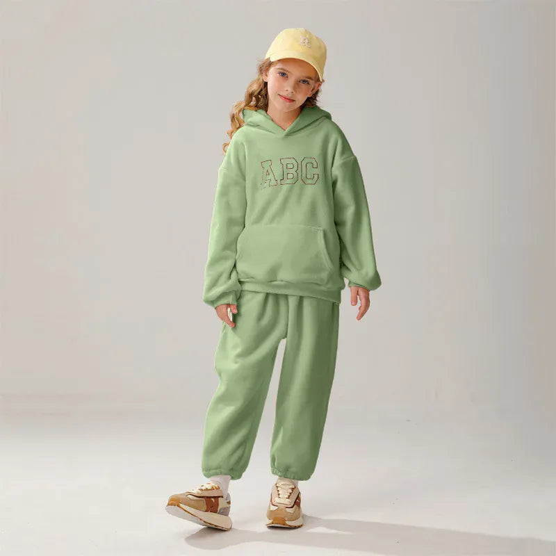 長袖セットアップ Green / 80cm 12M キッズセットアップ 2点セット レターロゴ刺繍フリースフーディパーカー+ロングパンツ【mh0008168】