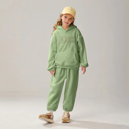 長袖セットアップ Green / 80cm 12M キッズセットアップ 2点セット レターロゴ刺繍フリースフーディパーカー+ロングパンツ【mh0008168】